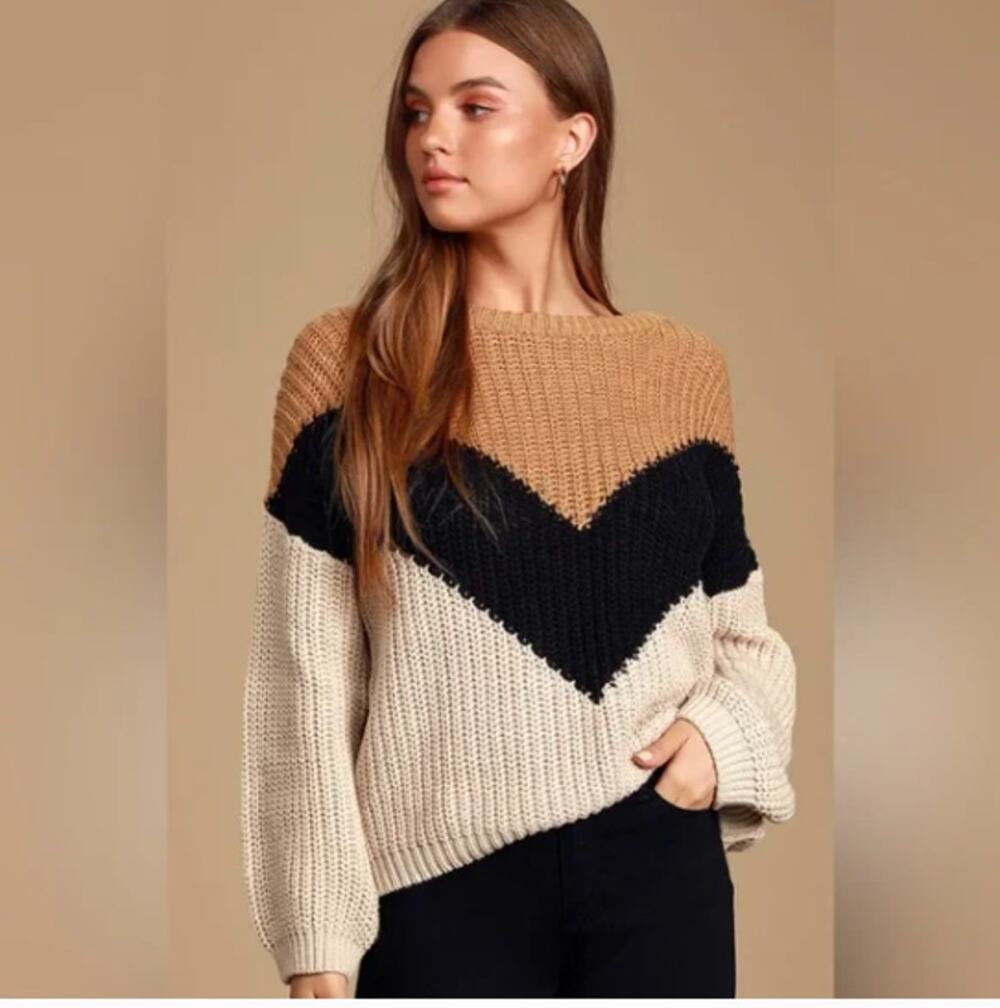 Lulus Autumn Leaves Tan Multi Chevron Stripe Knit Sweater Chunky Size XL